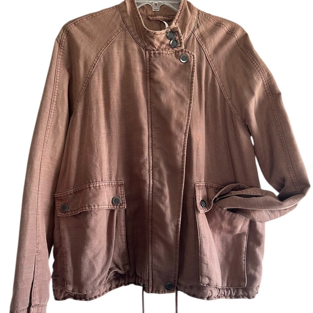 Free People Fawn Brown Utility Jacket Linen Blend Women’s Size S Lined Loose Fit